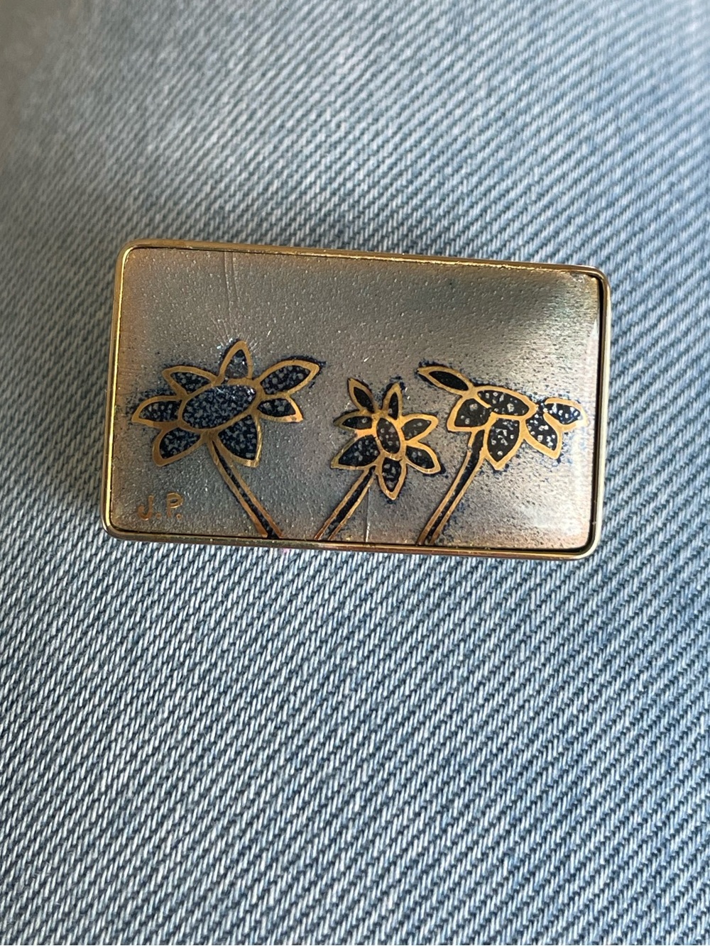 Vintage Blue Gold, Gray Floral Enamel Glass Brooch Pin